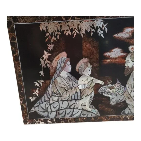 Vintage Religious Jesus Mary & Joseph Mother of Pearl Inlay Wood Wall Art Vtg
